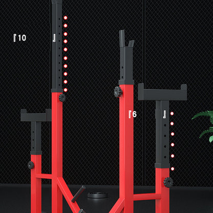 Rubber caps on squat rack protecting floor and equipment