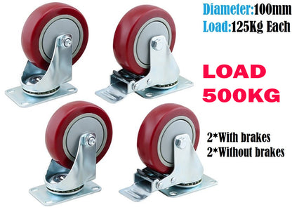 Caster Wheels Kit 100mm 4inch 2 with brakes+2 without brakes Red