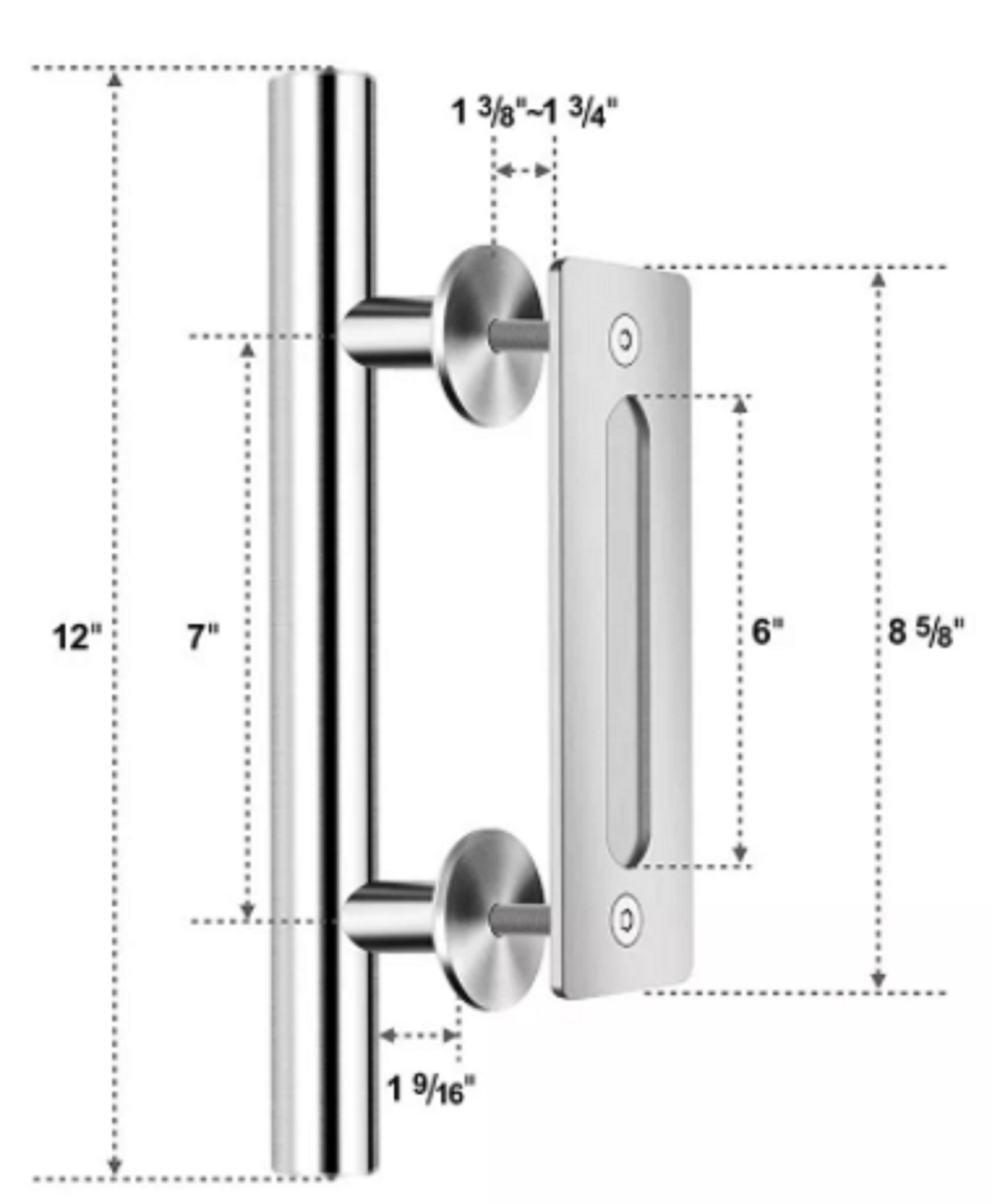 Silver iron barn door handle showing hole to hole size