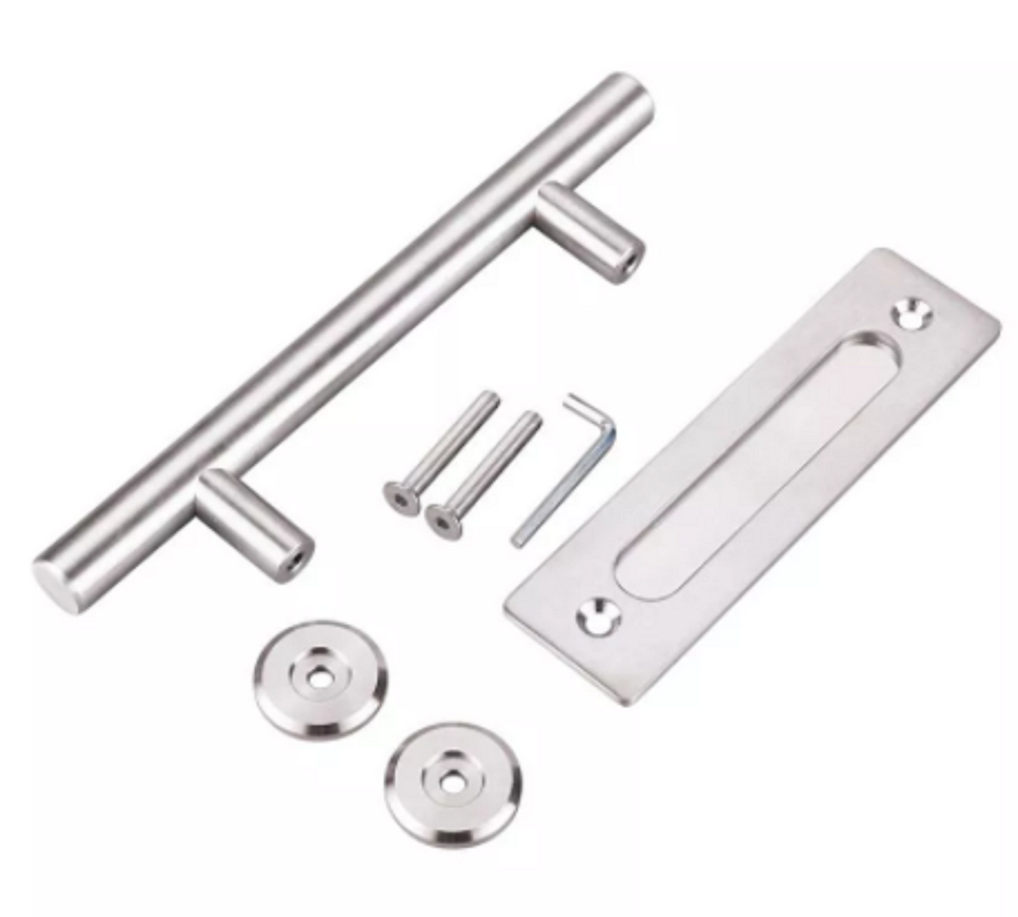 Close up of barn door handle finger pull in silver iron