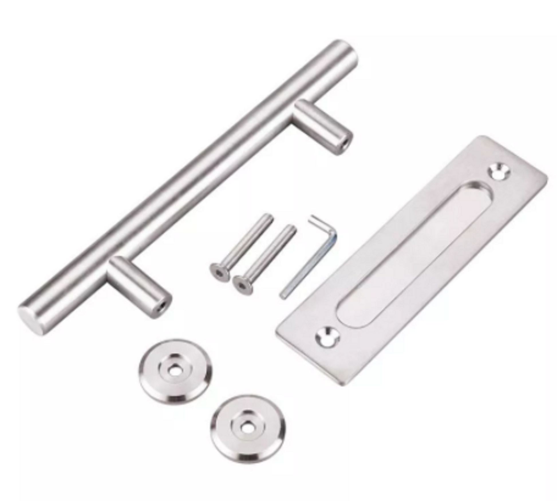 Close up of barn door handle finger pull in silver iron