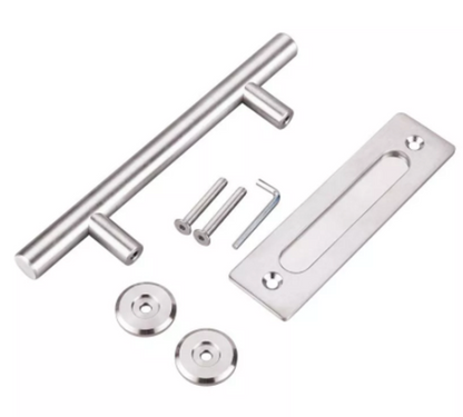 Close up of barn door handle finger pull in silver iron