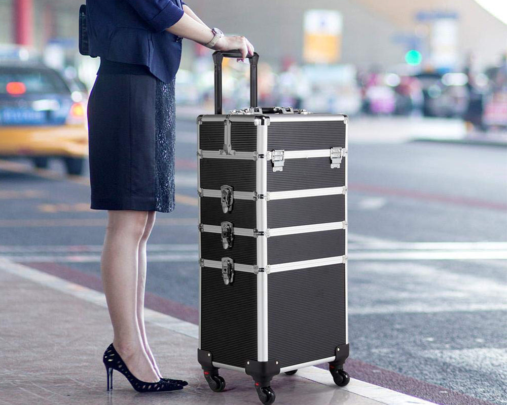 Black cosmetic trolley showing lockable latches