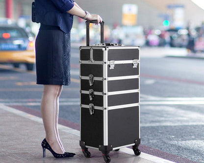 Black cosmetic trolley showing lockable latches