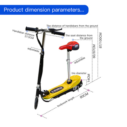 Rear view of kids electric scooter with chair showing brake line detail