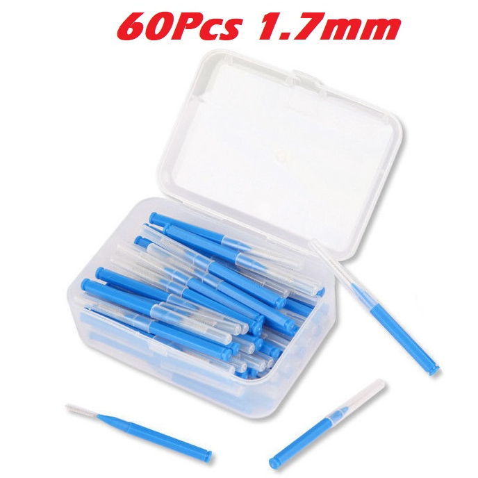 Blue interdental brush showing elastic steel wire core