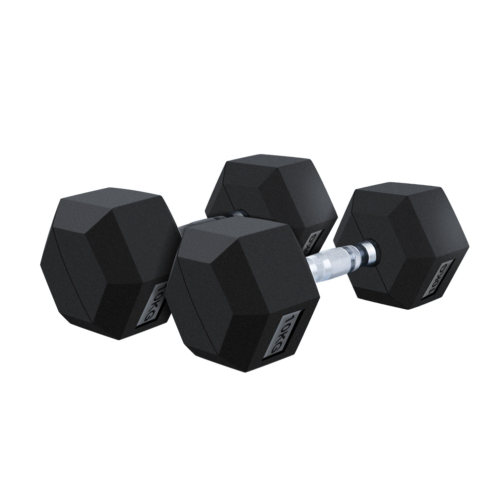 Close up of knurled chrome handle on dumbbell set 2x 10kg