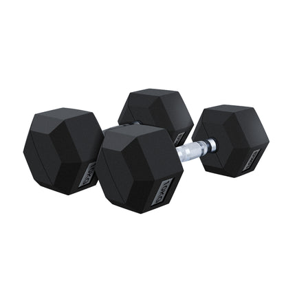 Close up of knurled chrome handle on dumbbell set 2x 10kg