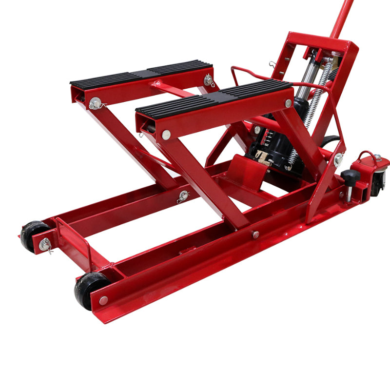 Top view of motorcycle lifter jack showing grid rails and lifting table