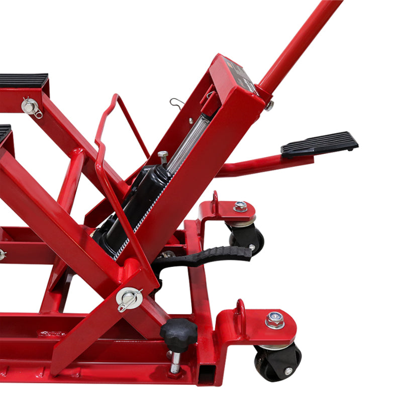 Front angle of quad bike lifter jack with sturdy wheels and guide rod