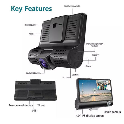 Car dash camera video recorder mounted on windscreen with adjustable mount