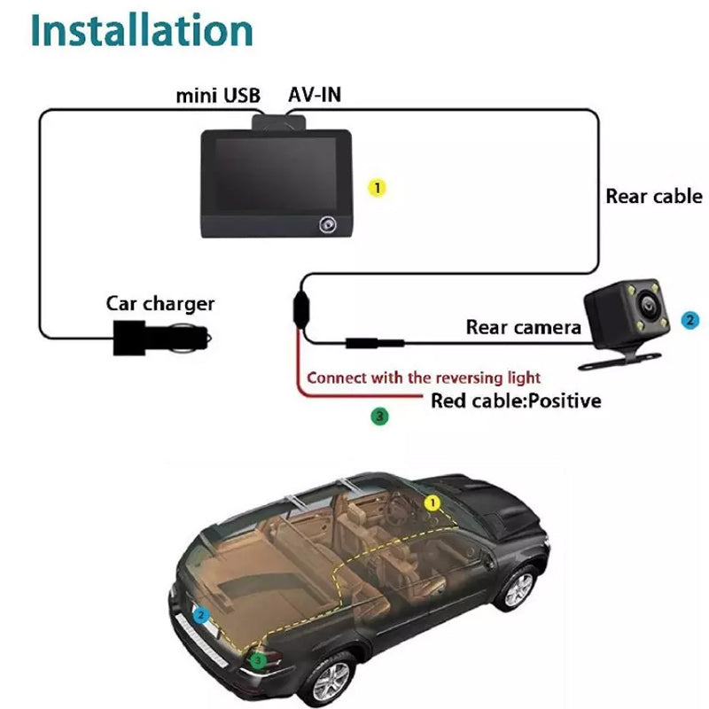 Car dash camera video recorder with hard wire kit installed in vehicle