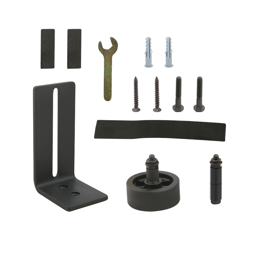 Sliding barn door hardware bottom roller installed on timber floor