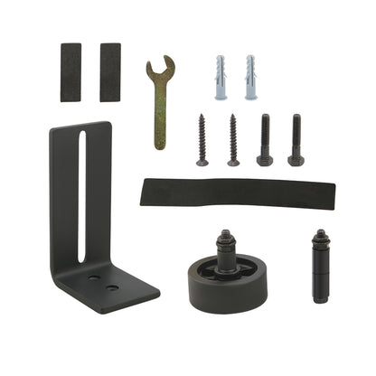 Sliding barn door hardware bottom roller installed on timber floor