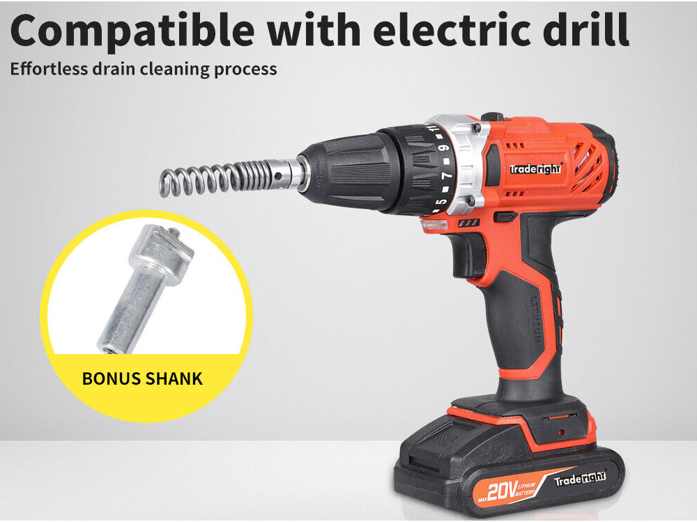 Olive spiral drill bit attached to drain snake pipe cleaner