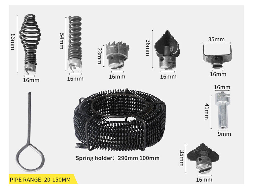 Drain snake pipe cleaner showing detachable drill bits