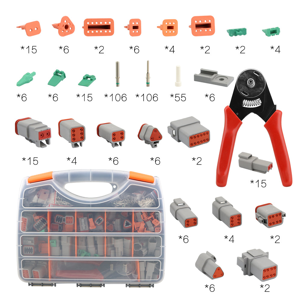 Close-up of Deutsch DT connector plug kit terminals with phos-copper plating