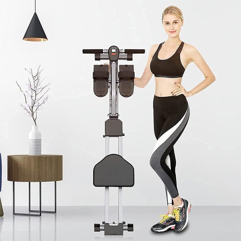 Rowing machine folded for compact storage