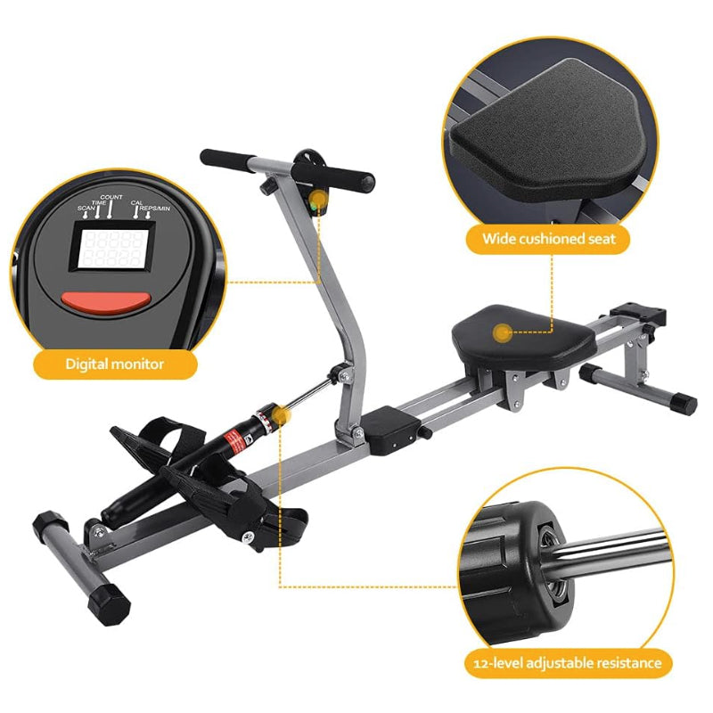Rowing machine showing three-position height adjustment