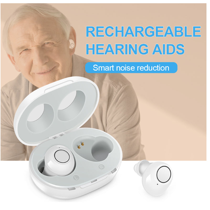 Hearing aids placed next to user manual and cleaning tool