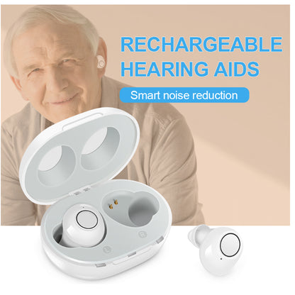 Hearing aids placed next to user manual and cleaning tool