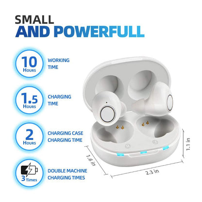 Hearing aids placed next to user manual and cleaning tool