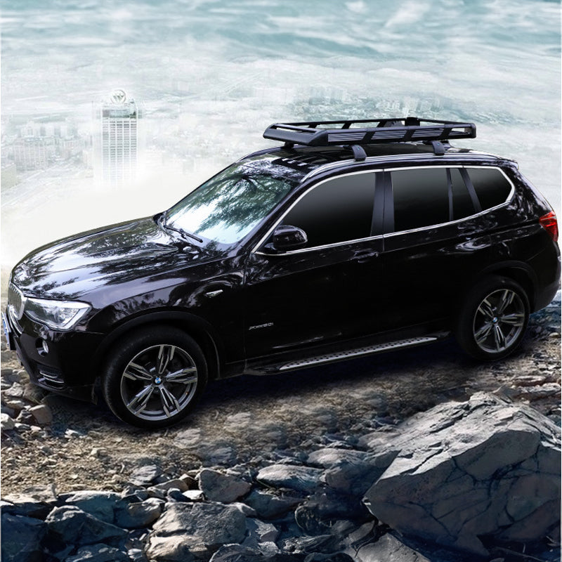 Black aluminium roof rack basket showing side rails