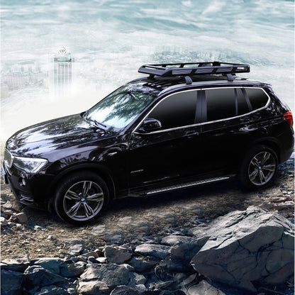 Black aluminium roof rack basket showing side rails