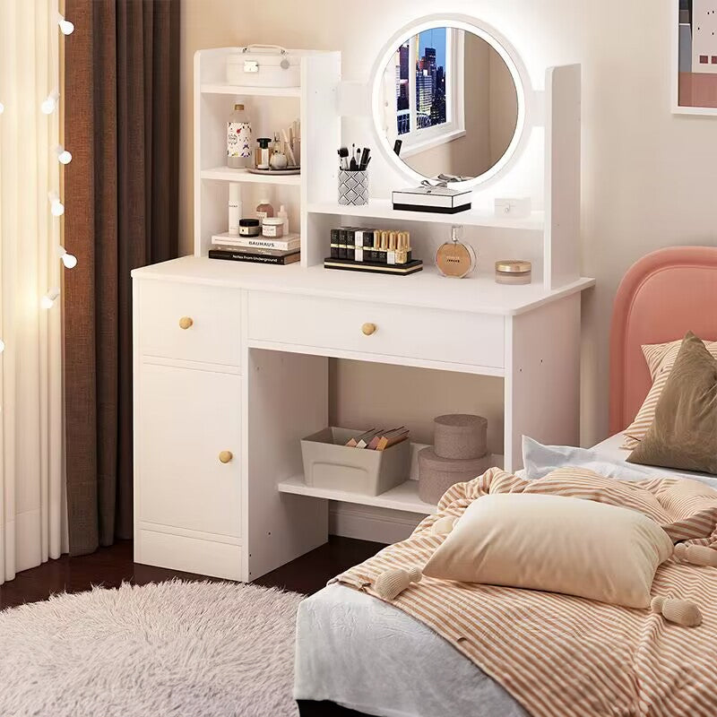 Close-up of LED mirror on dressing table in white finish