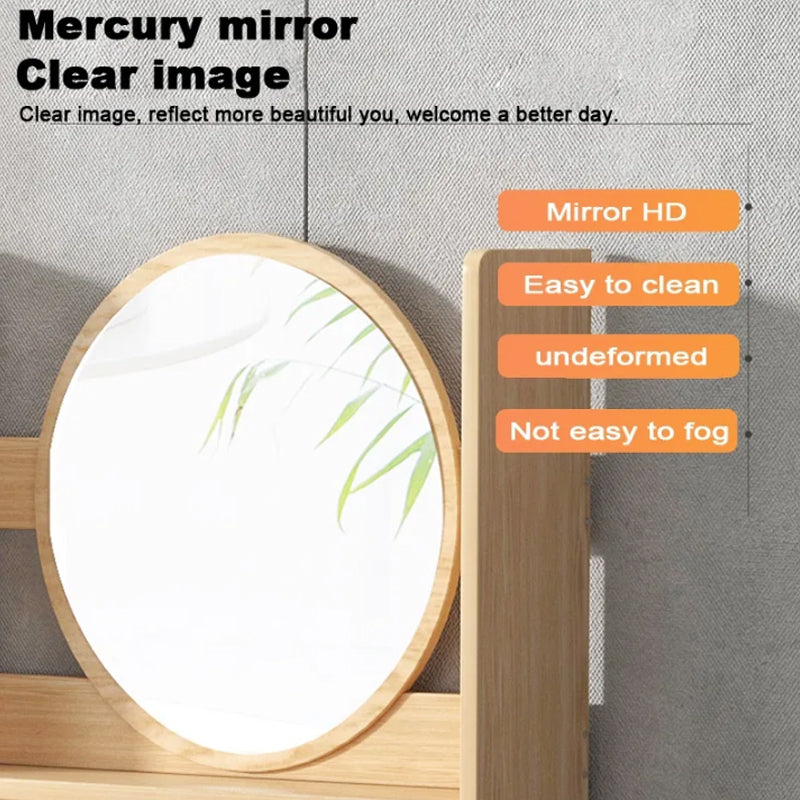 Top angle showing dressing table surface and LED mirror