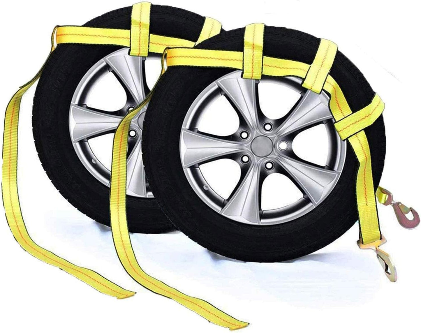 Car tire straps tie downs holding a 15 inch wheel securely