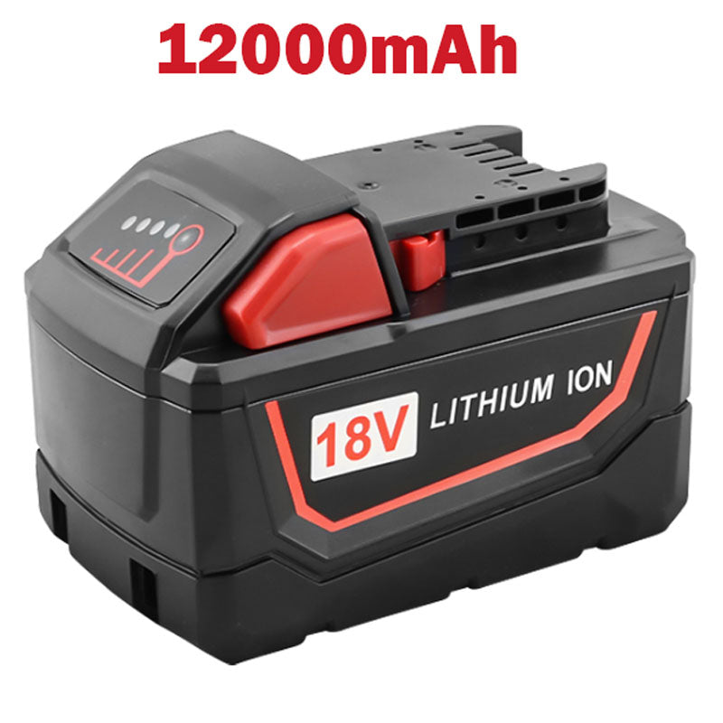 Close-up of battery terminals on Milwaukee M18 12Ah