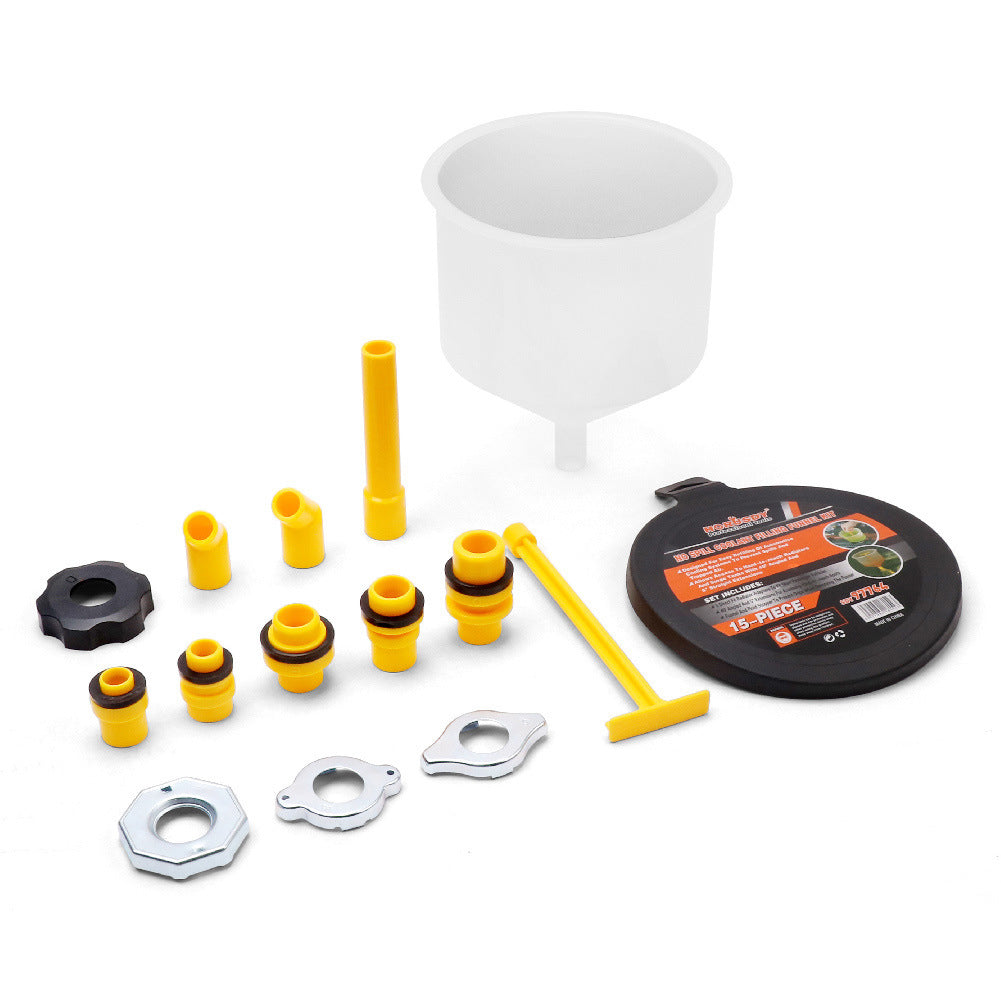 Coolant filling funnel kit with various cap sizes for different radiator openings