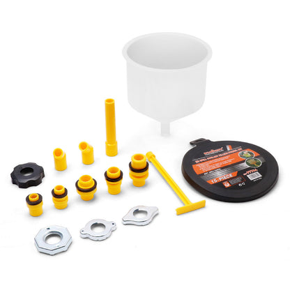 Coolant filling funnel kit with various cap sizes for different radiator openings