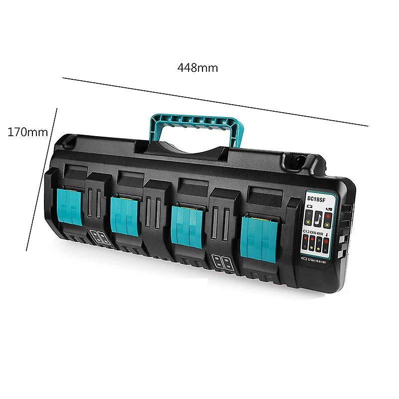 Makita 144-18V charger plugged in and charging batteries