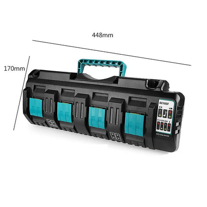 Makita 144-18V charger plugged in and charging batteries