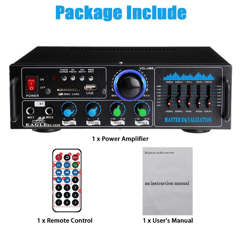 Stereo HiFi amplifier showing bass and treble adjustment knobs