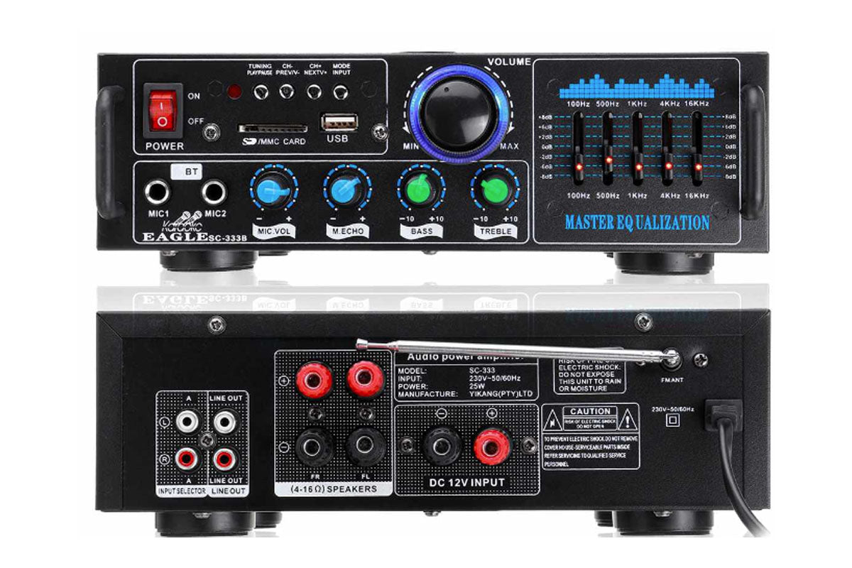 Side angle of stereo HiFi amplifier with control knobs visible