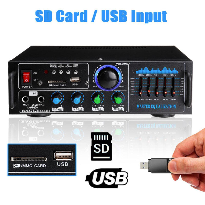 Back panel of stereo HiFi amplifier with power and audio connections