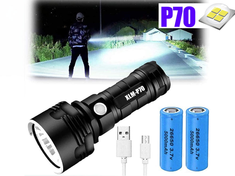LED torch beam illuminating dark outdoor area