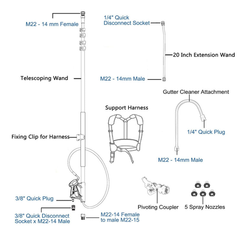 7.3m Telescoping Wand Pressure Washer Pole with Harness