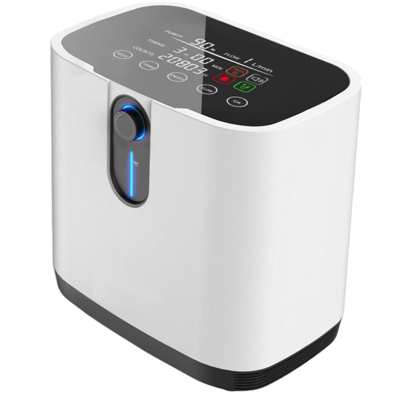 Close up of oxygen concentrator air outlet and flow adjustment knob