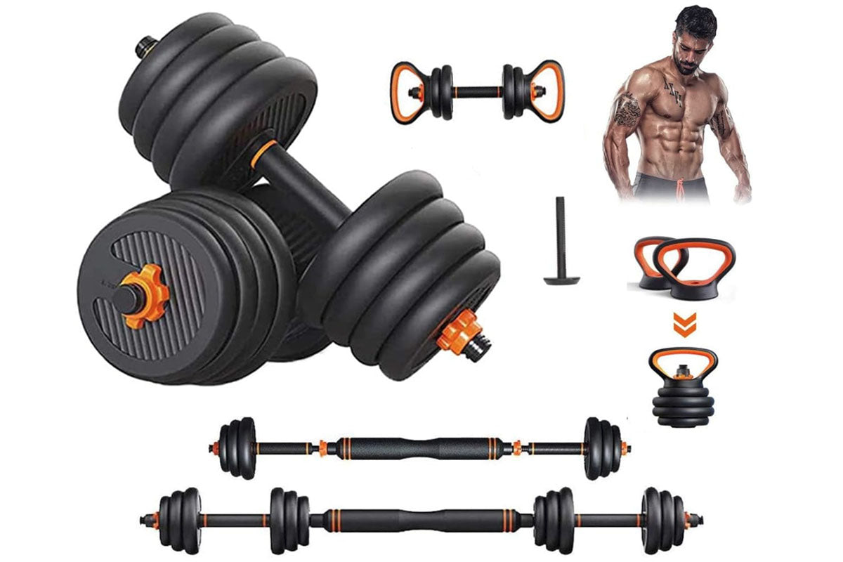 Top angle of adjustable dumbbells barbell set showing weight plates and safety nuts