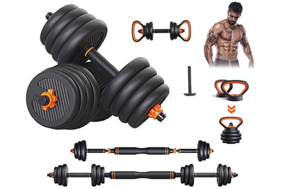 Top angle of adjustable dumbbells barbell set showing weight plates and safety nuts