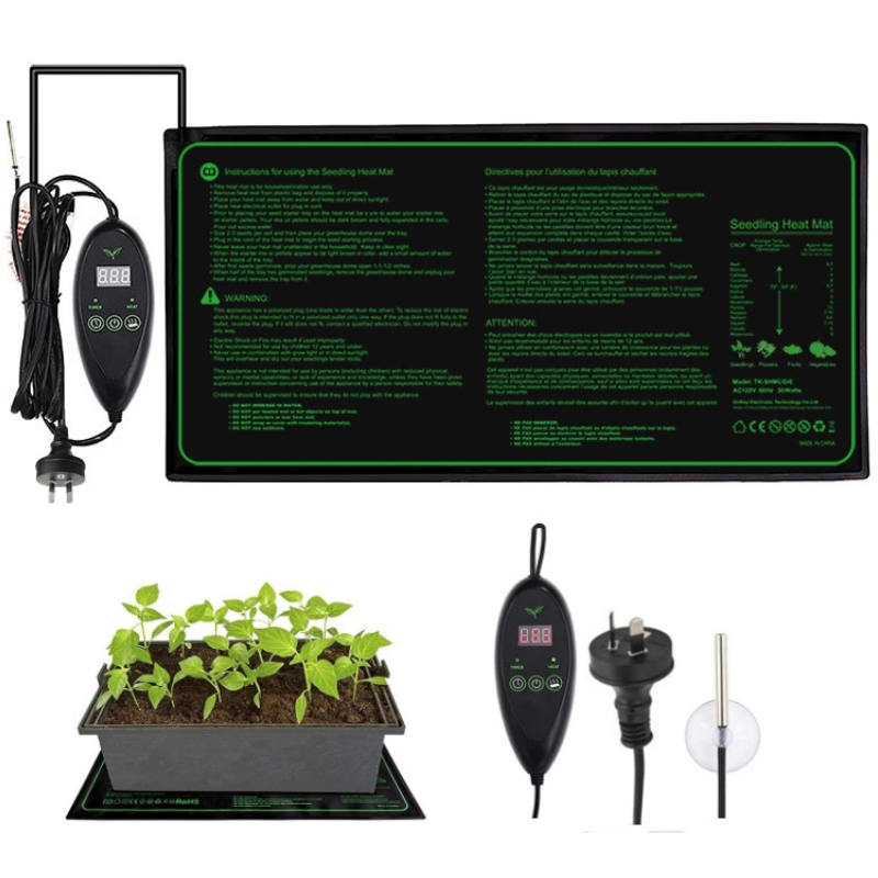 Seedling heat mat showing digital thermostat controller with LED