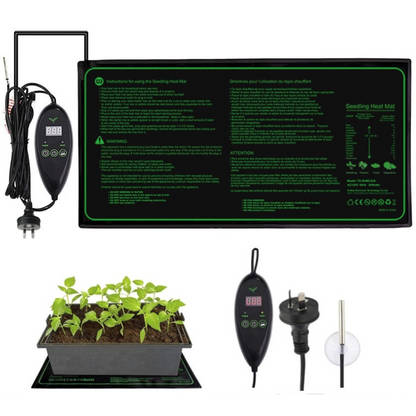 Seedling heat mat showing digital thermostat controller with LED