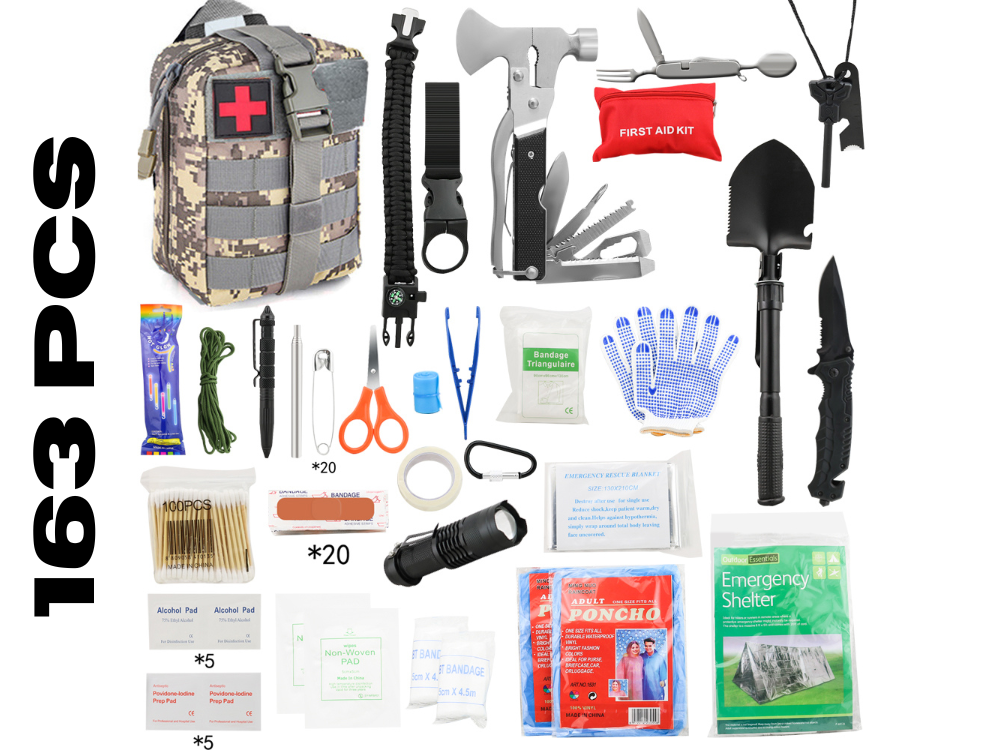 Close-up of survival kit 15-in-1 tactical axe
