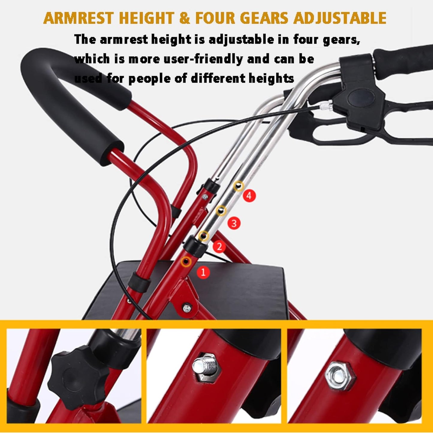 Red steel frame of adult walking walker showing sturdy build