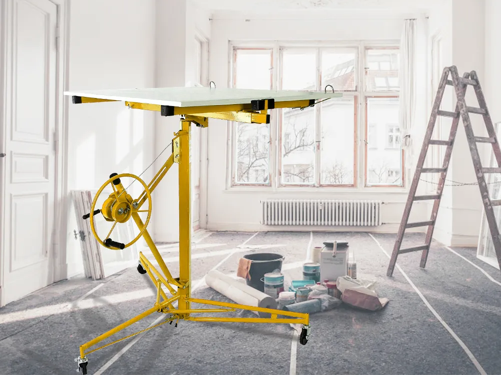Drywall lifter cradle tilted for sloped ceiling installation