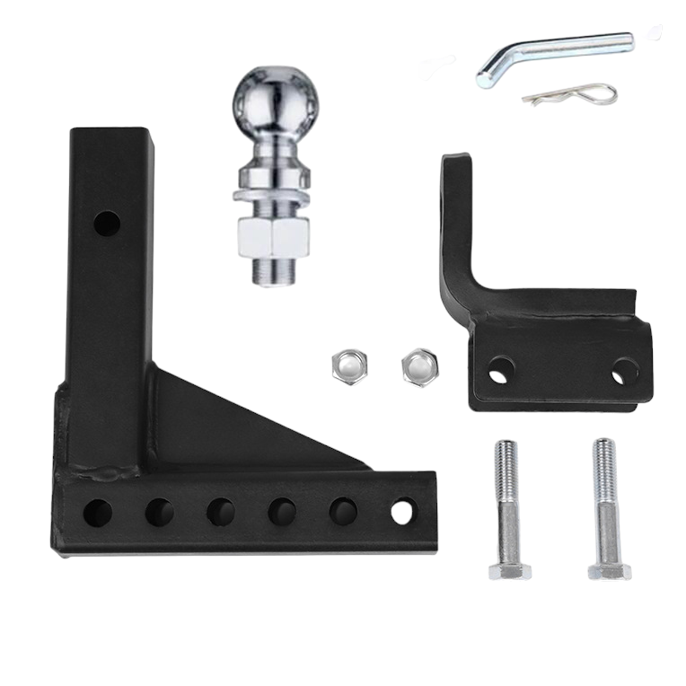 Rear angle of trailer tow hitch ball mount showing locking hitch pins